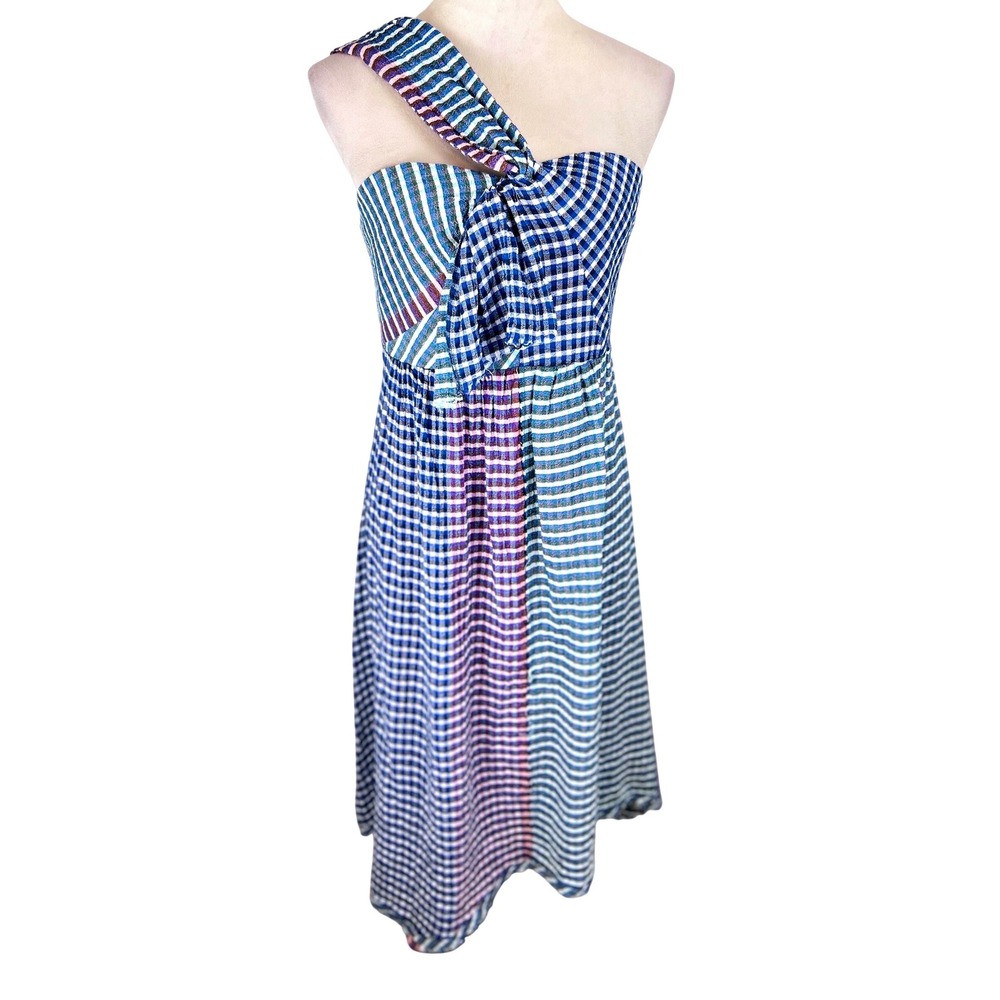 Maeve Anthropologie Women's One Shoulder Gingham Mixed Print Midi Dress Size‎ 8